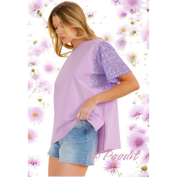 Fantastic Fawn Tops - Lavender sequin sleeve high Low top S M L